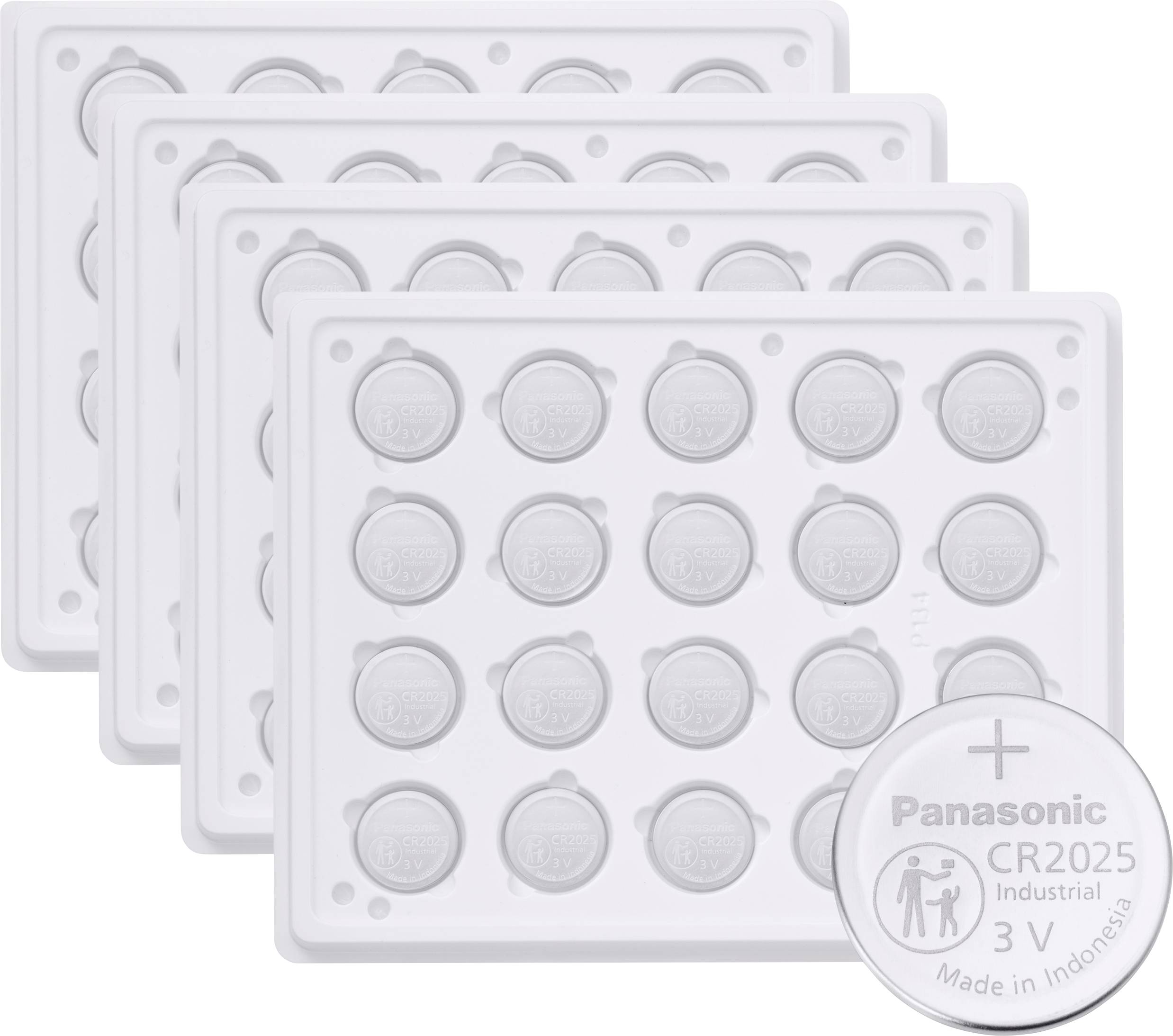 '4 packs of Panasonic CR2025 industrial 3V button batteries, Made in Indonesia' displayed, showing packaging with individual battery slots.
