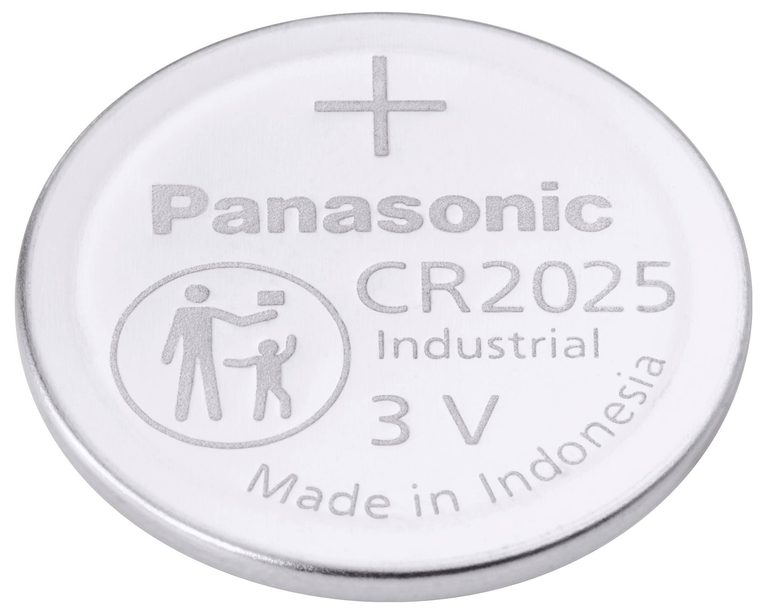 A round Panasonic CR2025 3V lithium battery with a plus sign, labeled 'Industrial', 'Made in Indonesia', and a child safety icon.