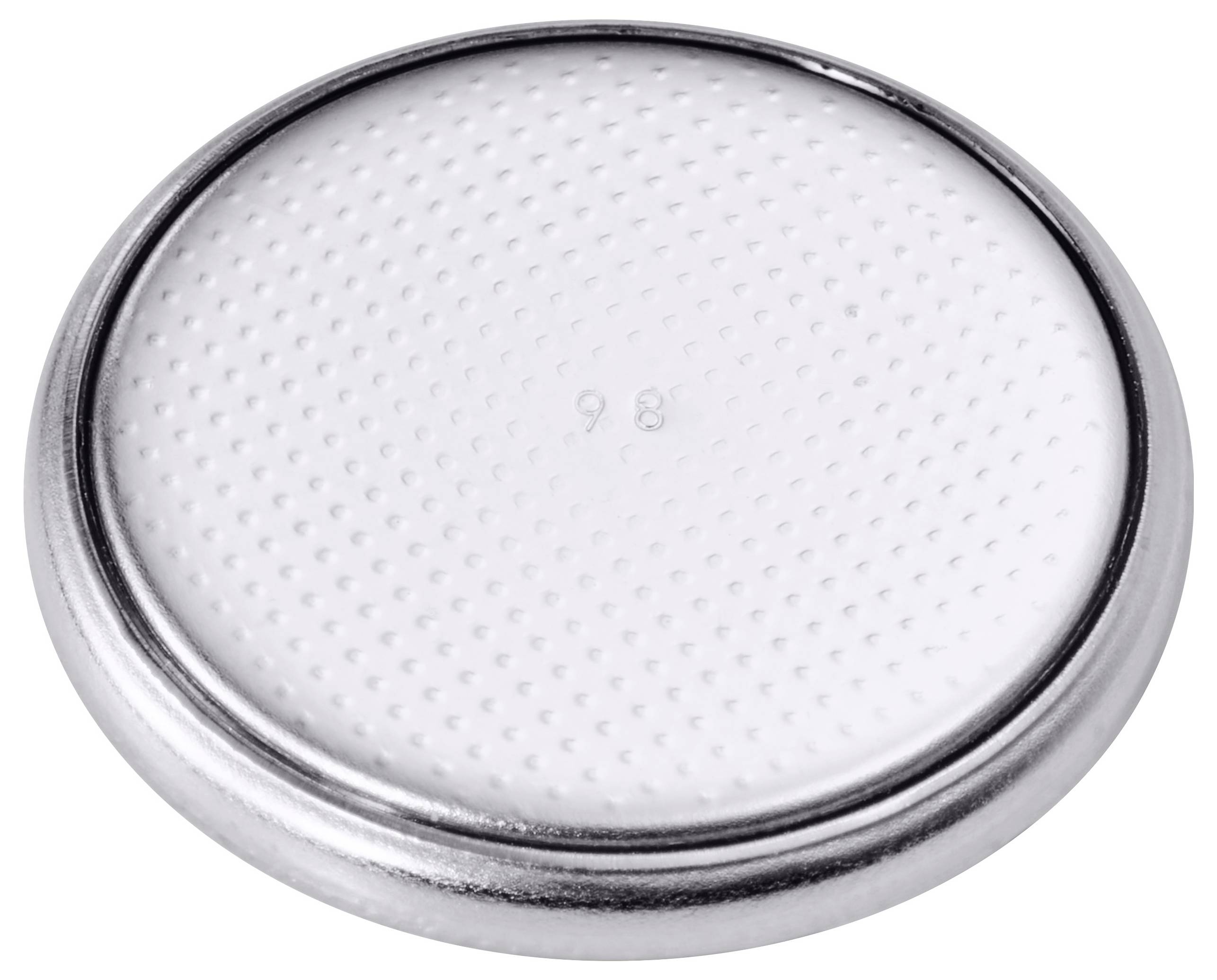 A silver button cell battery shown from the top with a textured surface and faint numbers in the center.