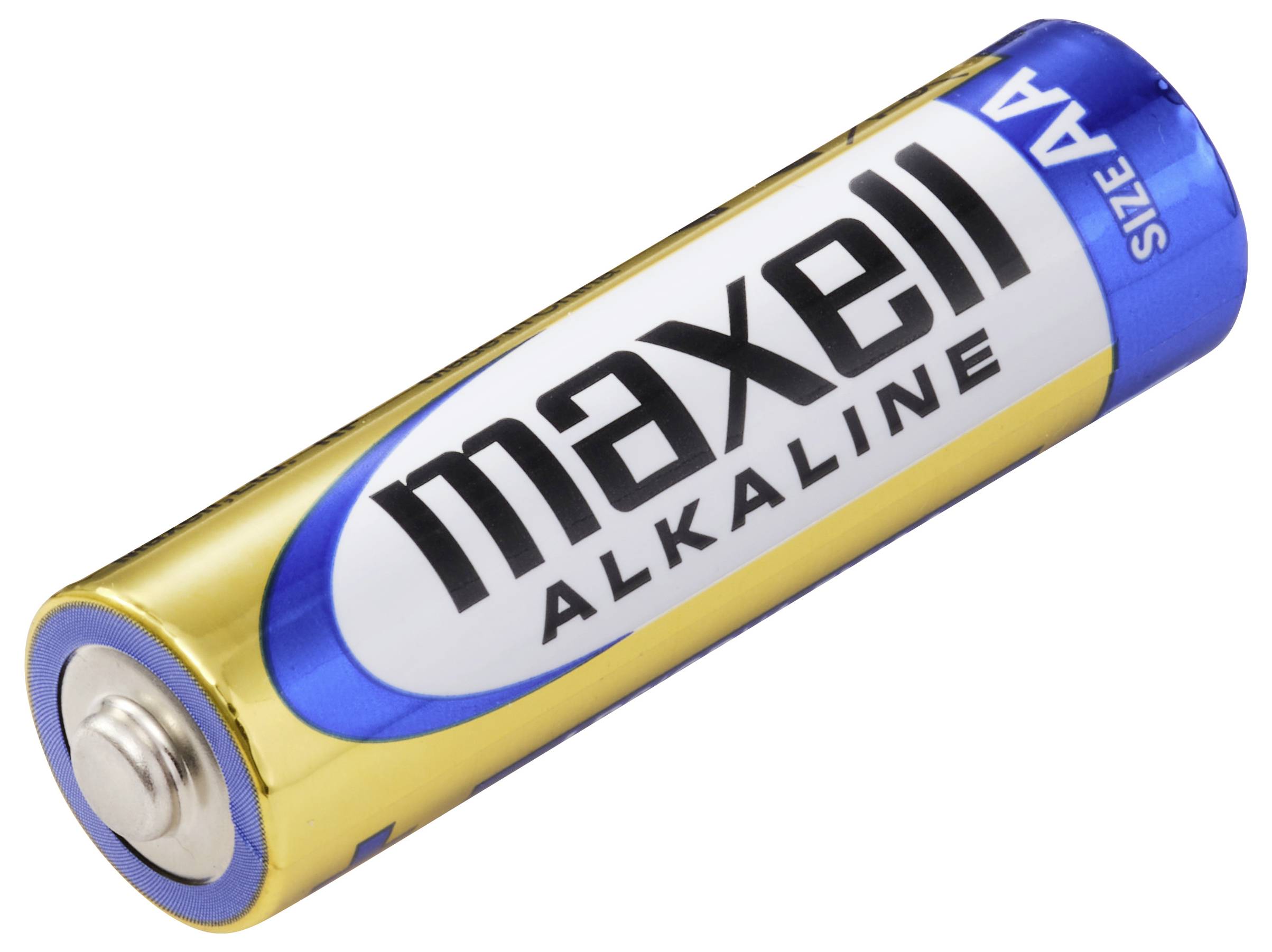 AA battery with 'maxell ALKALINE SIZE AA' labelling. Cylindrical, metallic with blue and gold casing.