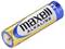 AA battery with 'maxell ALKALINE SIZE AA' labelling. Cylindrical, metallic with blue and gold casing.