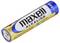 'AAA alkaline battery by Maxell, blue and gold casing, with labels: Not rechargeable, 0% mercury and cadmium.'