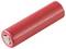 Red, cylindrical battery in close-up on a white background.