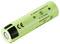 Green cylindrical rechargeable battery cell with black cap, labeled with safety and certification markings.