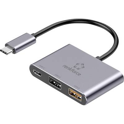 USB-C Hub with Three Ports: USB-C, USB 2.0 and USB 3.0. Brand 'Renkforce'. Silver-coloured housing with short cable.