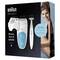Packaging for a Braun Silk-épil 5 epilator, showing the device with attachments. Printed text reads: 'Gentle Perfect for beginners'. A woman smiles in the background.