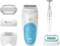 Electric epilator with multiple attachments and trimmer. Main device in white and blue, other attachments in white. Brand name 'Braun'.