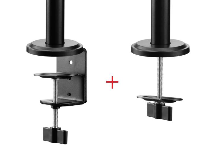 Two black metal table clamps with screws for attaching to tabletops; one clamp shows a side view, the other a front view.