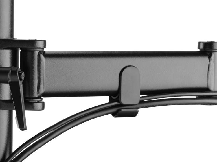 A black metal arm with cable management, likely part of an office chair mechanism or monitor arm, shows details of its construction.