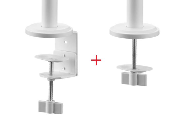 Two white metal desk clamps with screws for fixing to a tabletop, shown with a red plus sign between them.