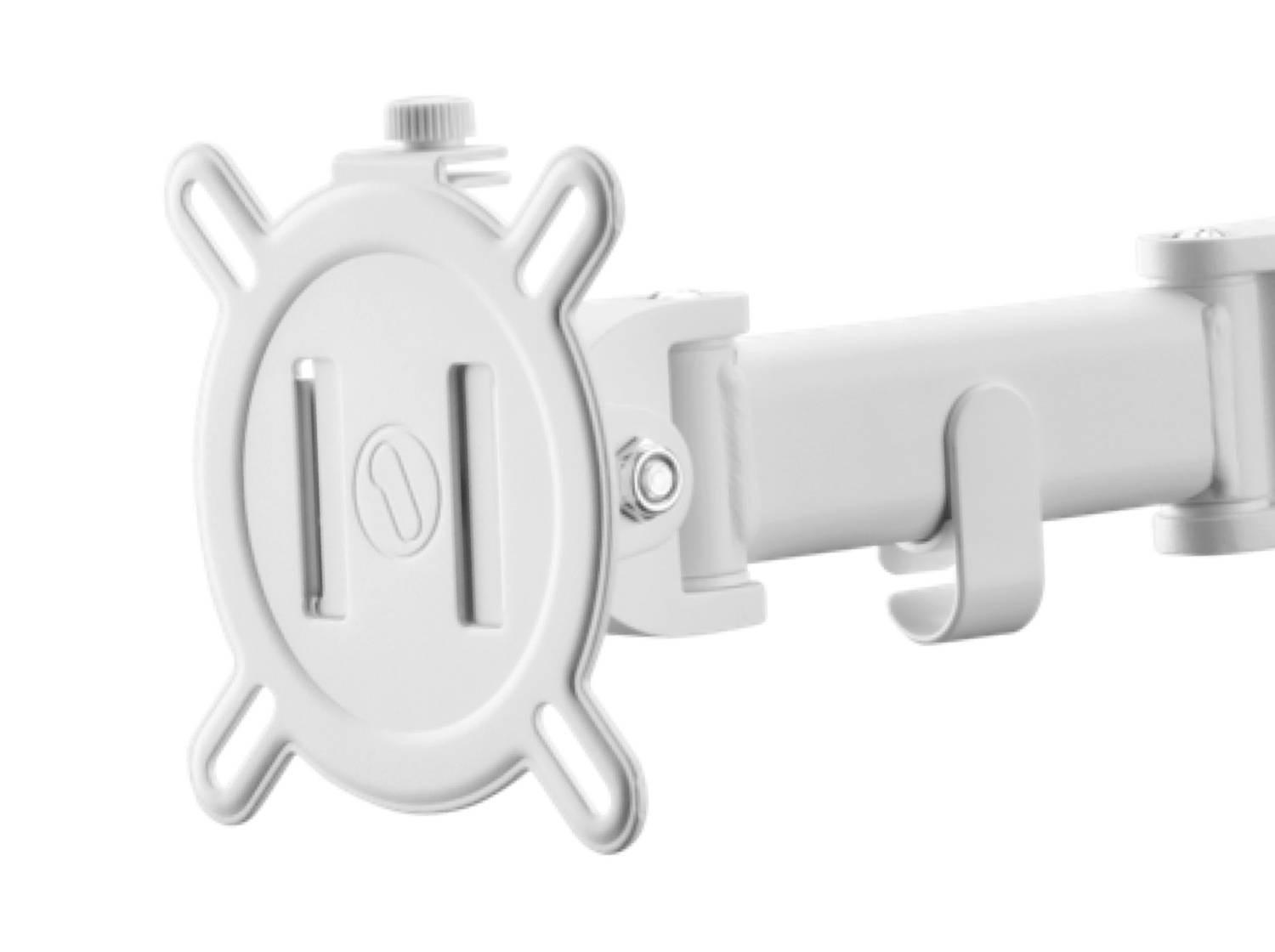 White mounting bracket with adjustable arm, suitable for attaching displays, featuring four symmetrically arranged arms.