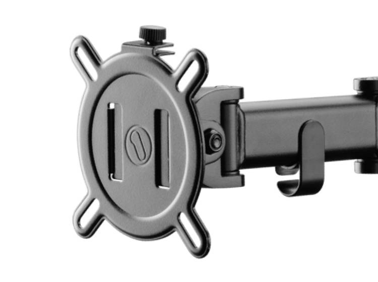 A black, adjustable wall mount with a round, star-shaped mounting bracket, suitable for monitors or screens.