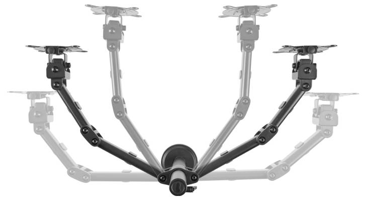 An extendable, adjustable swing arm with multiple joints for mounting devices or cameras, shown in various positions.