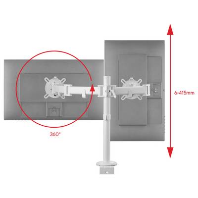 'Dual Monitor Mount, left swivel 360 degrees, right height adjustable from 6 mm to 415 mm.'