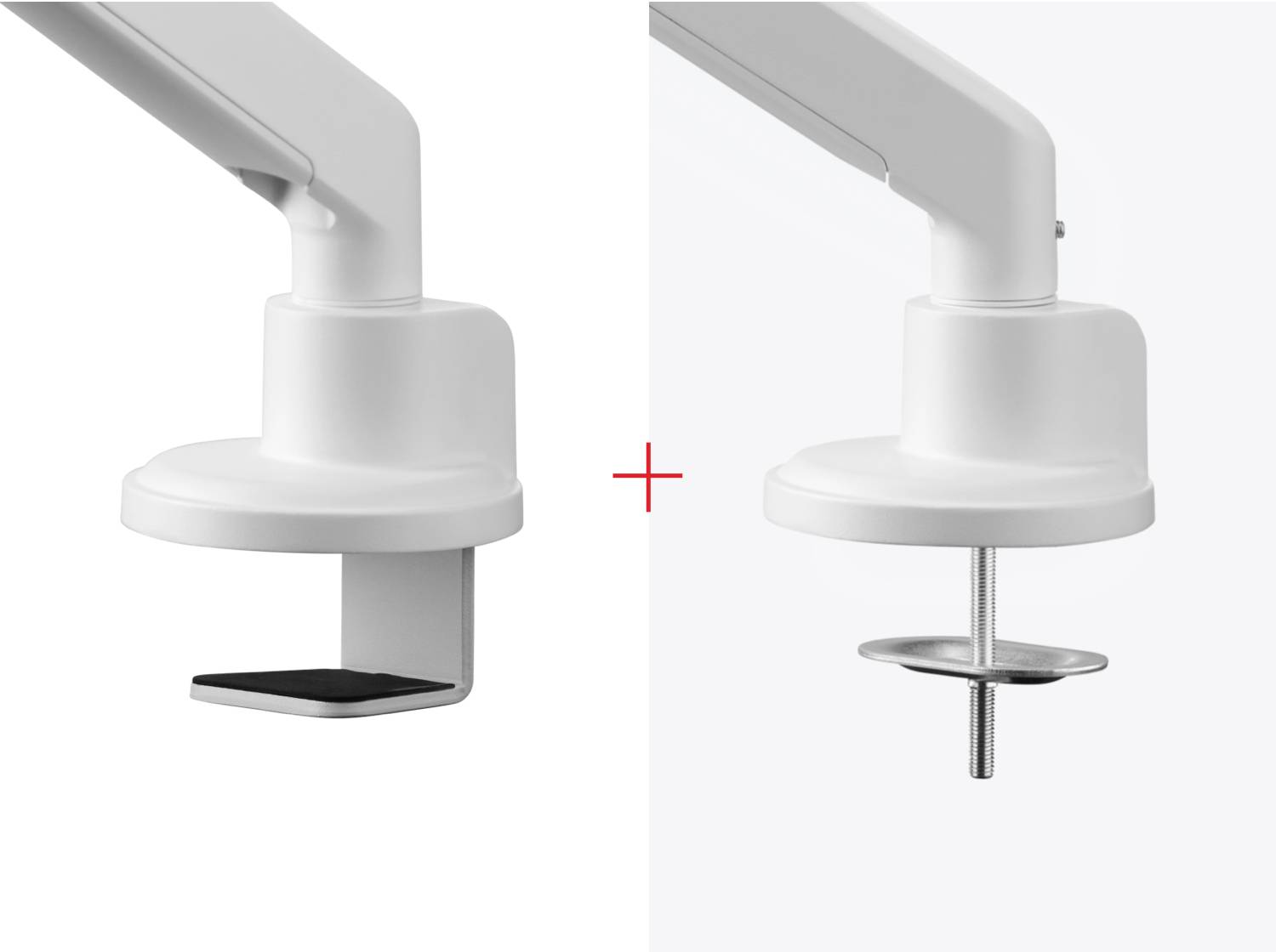 'Two white monitor mounts side by side, one with a clamp fixing, the other with a through-bolt fixing.'
