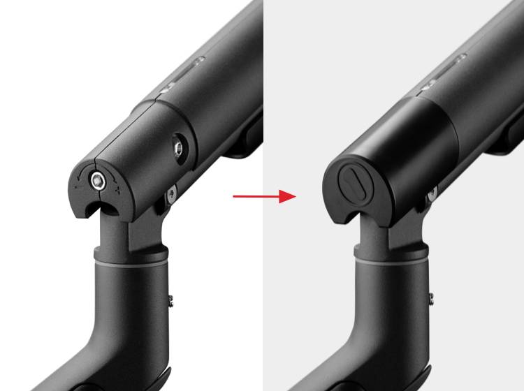'Two black articulated arms compared: left with visible screws, right with cover element. Red arrow indicates change.'