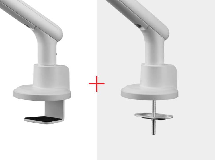 'Two white mountings: On the left a desk clamp, on the right a through-desk mounting, with a red plus sign in between.'