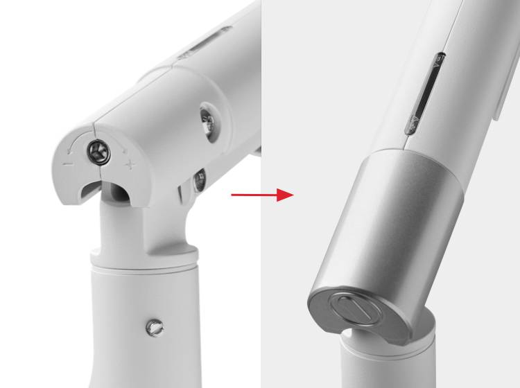 An image shows two detailed views of an adjustable joint with screws and a sliding lock, supported by a red arrow.