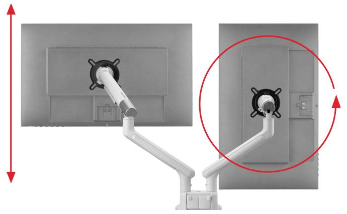 'Two monitors with articulated arm mounts that are adjustable vertically and horizontally; directional arrows indicate possible adjustments.'