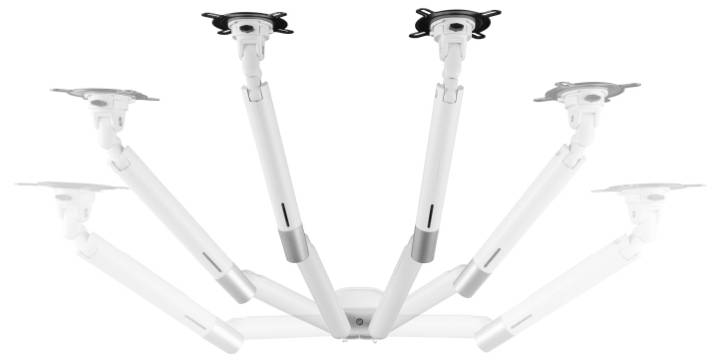 A height-adjustable, white projector mount shown with side brackets in various positions, emphasising flexibility.
