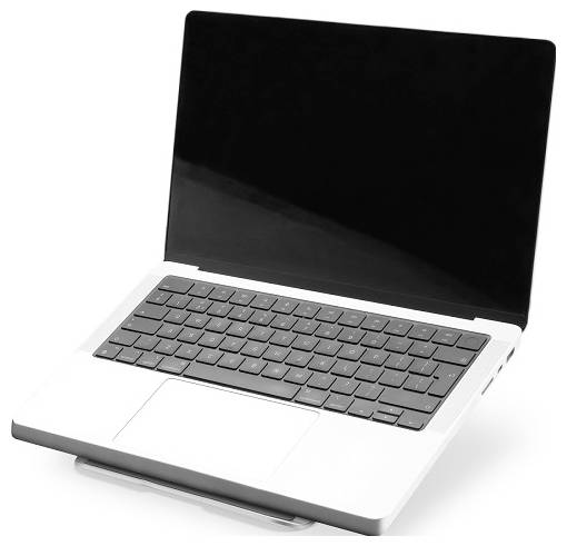 Laptop with an open screen and keyboard, black and silver, on a white background.