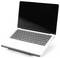 Laptop with an open screen and keyboard, black and silver, on a white background.