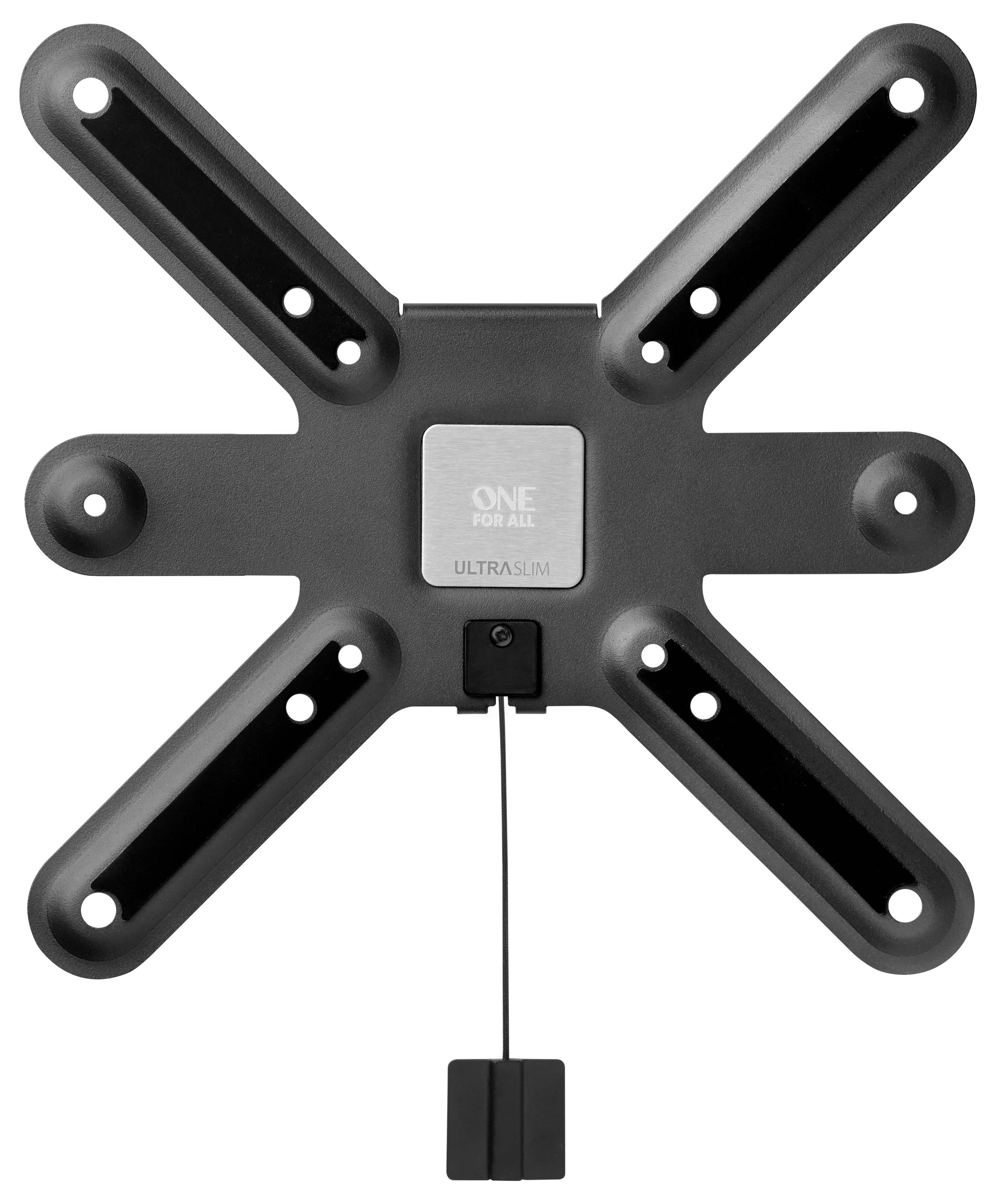 A slim, black TV wall mount with an X-shaped design and multiple mounting points, suitable for various TV sizes.