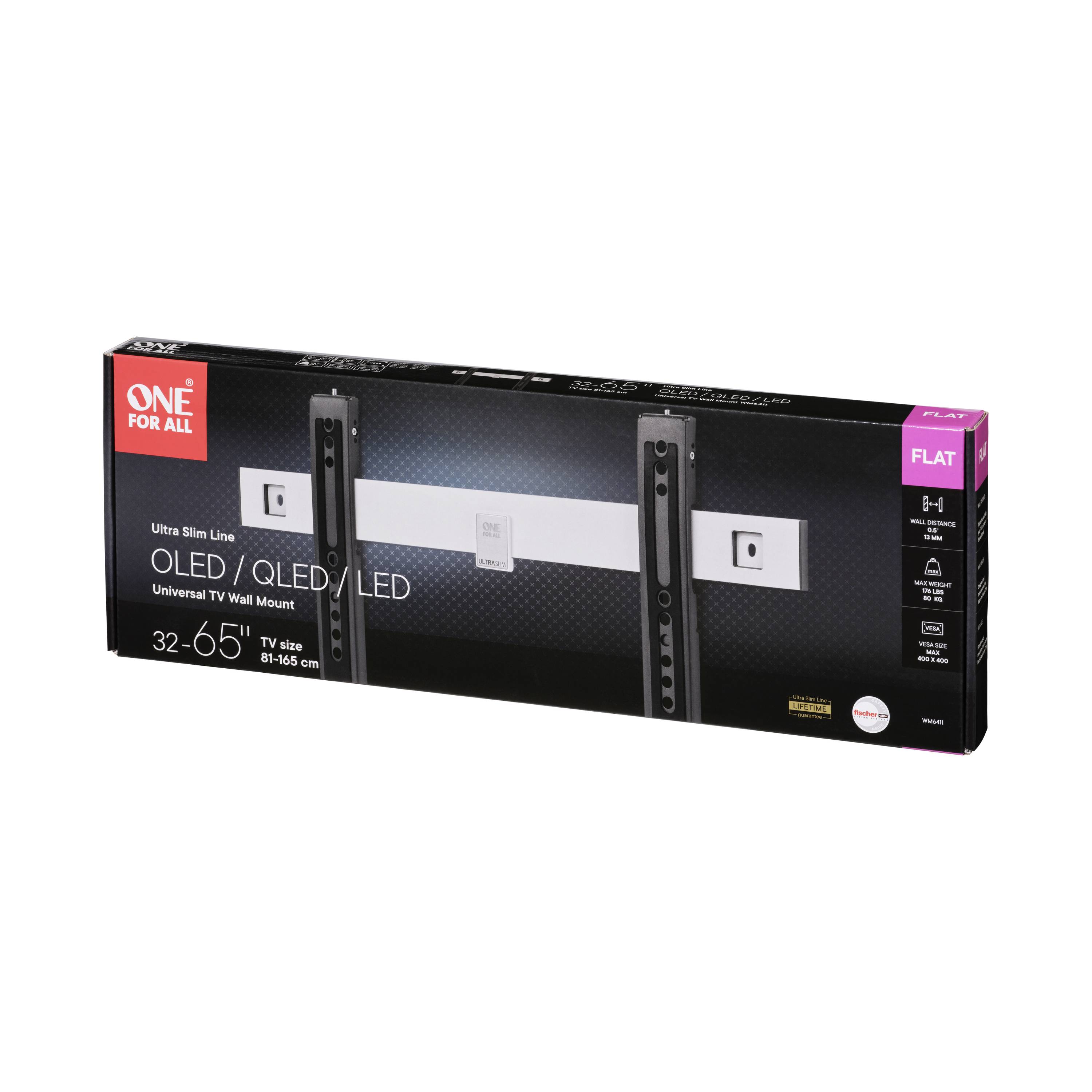 Flat TV Wall Mount 'One For All' for TV sizes 32–65 inches, Ultra Slim Line model, in packaging box.