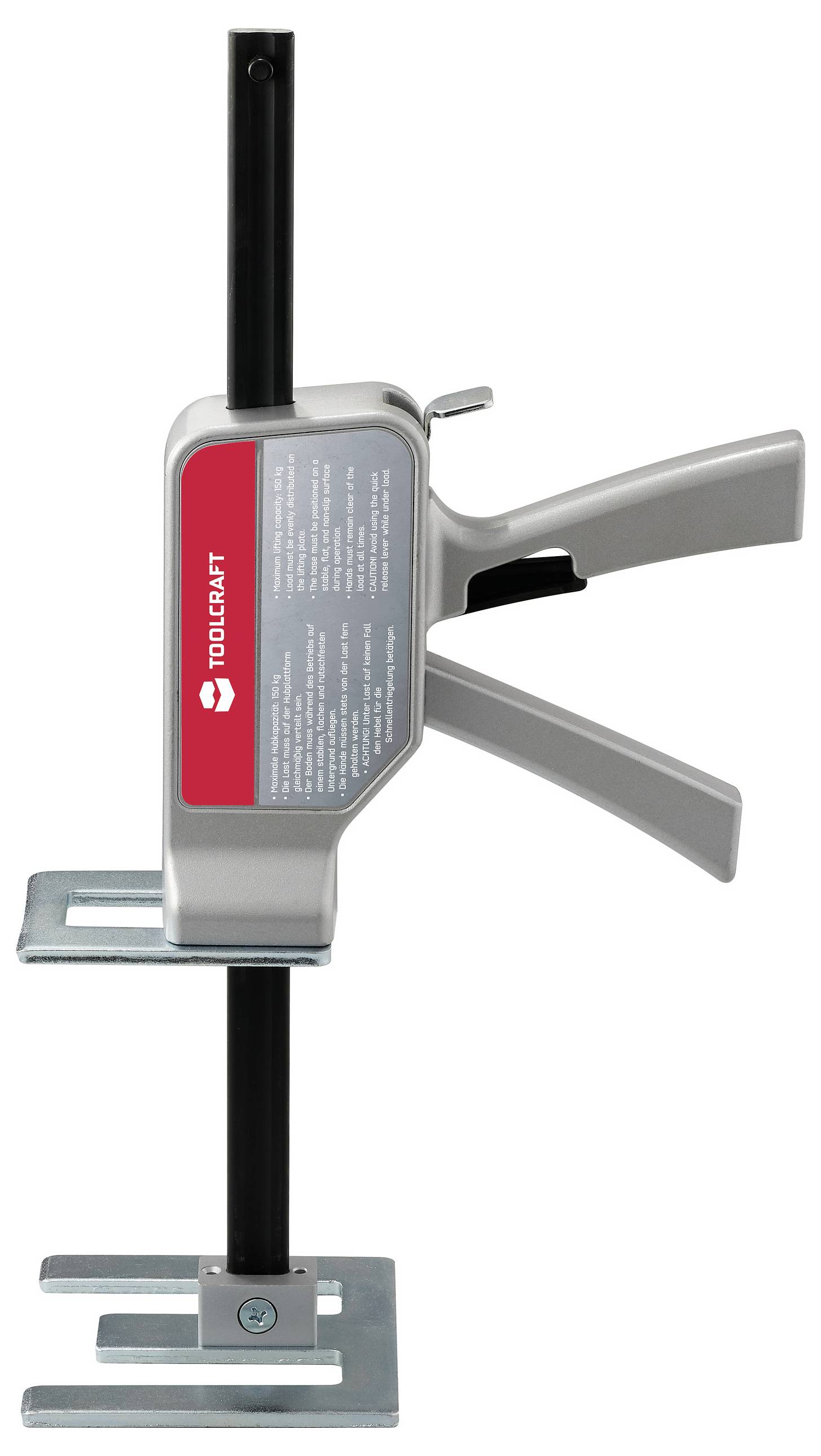 Metallic door lifting tool with red TOUCRAFT logo, lever and gripping mechanism, suitable for precise door lifting and positioning.