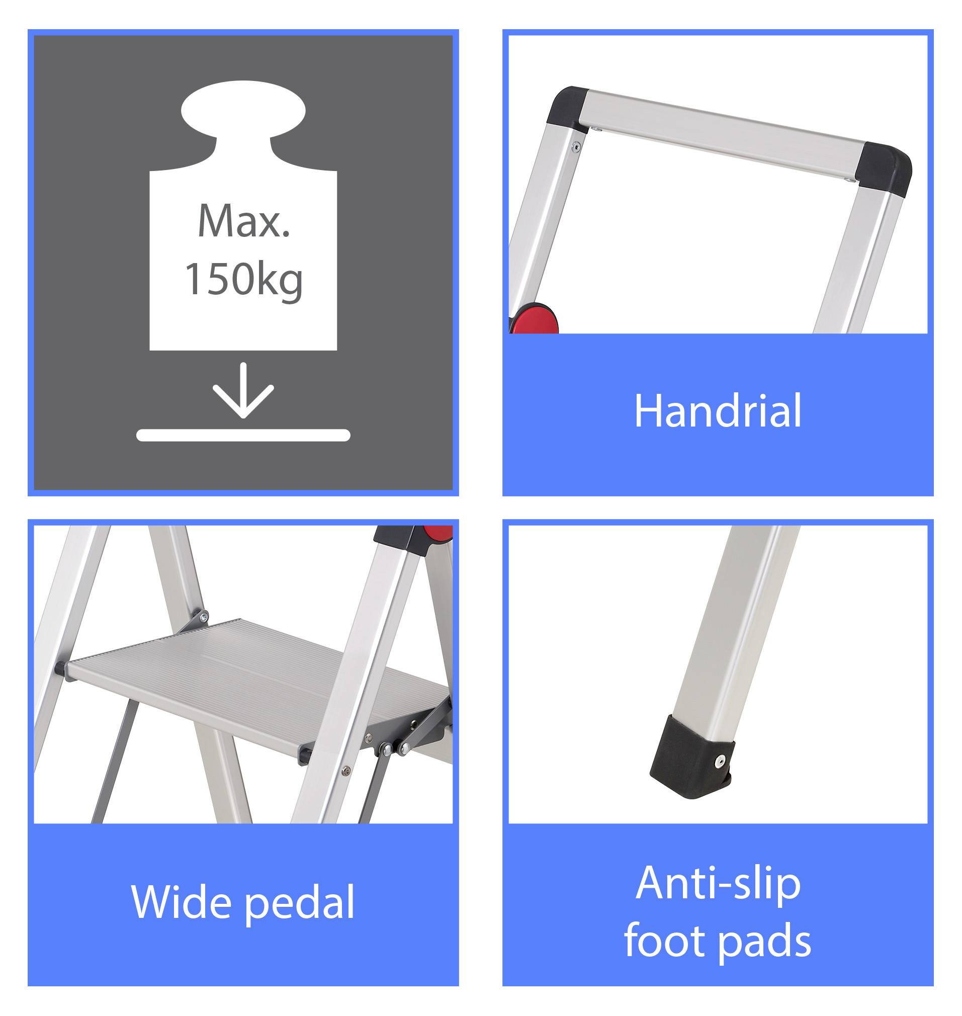 Folding ladder with handrail, anti-slip foot pads, and wide treads, maximum load capacity of 150 kg.