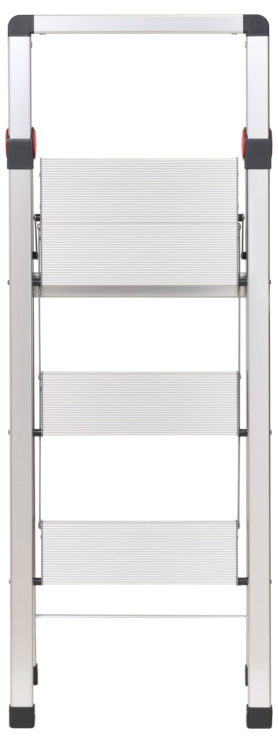 'Three-stage aluminium telescopic ladder, extended. Suitable for indoor and outdoor use.'