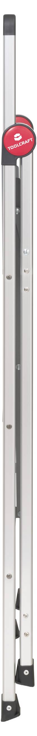 A long, folded aluminium ladder with a black and red element at the top.