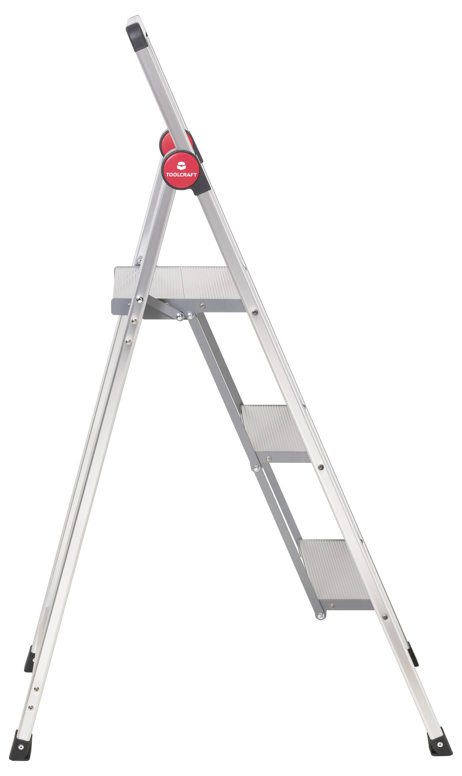 A silver folding ladder with three steps, viewed from the side, suitable for use in the home or office.