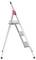 A silver folding ladder with three steps, viewed from the side, suitable for use in the home or office.