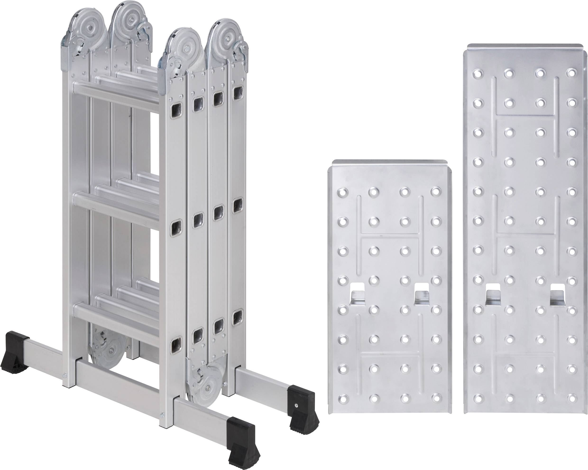 Four-section foldable aluminium ladder with two sturdy platforms. Ideal for versatile applications or suitable as a work platform.