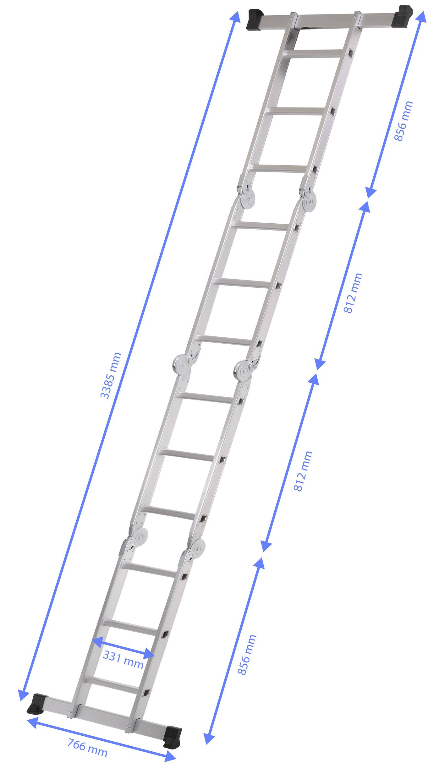 'Aluminium ladder, 3-part, maximum extended height 5806 mm, width 766 mm, section step length 812 mm, 12 rungs per section.'