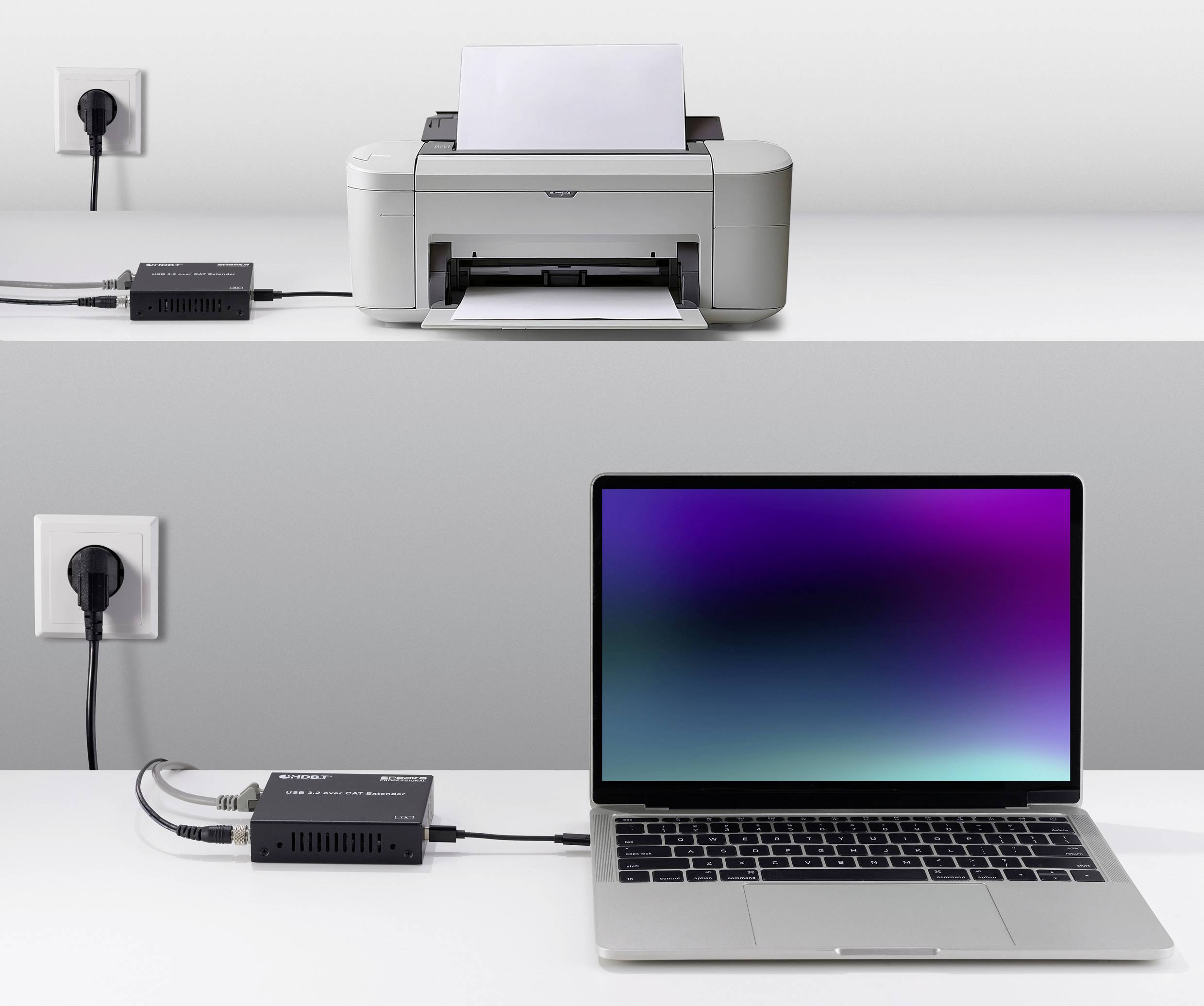 A printer and a laptop are connected via a network adapter plugged into a power socket. The laptop screen is not displaying any content.