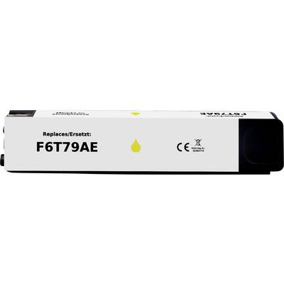 Ink cartridge labeled 'Replaces/Ersatz: F6T79AE' for a printer, with a yellow drop icon. Includes CE and recycling symbols.
