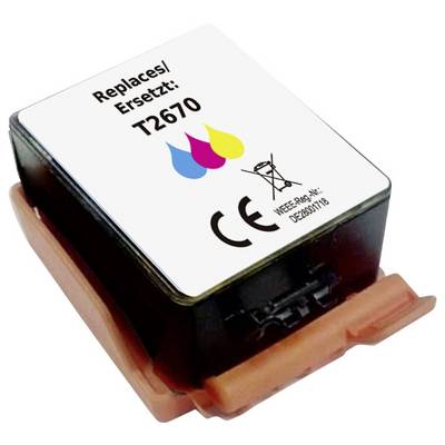 Ink cartridge labeled 'Replaces Ersetzt: T2670', showing three colorful droplets, recycling, and CE symbols, with orange protective cap.