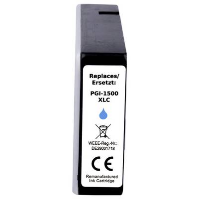 Ink cartridge labeled 'Replaces/Ersetzt: PGI-1500 XLC.' Features a blue droplet icon, WEEE-Reg.-Nr.: DE28001718, and remanufactured ink cartridge text.