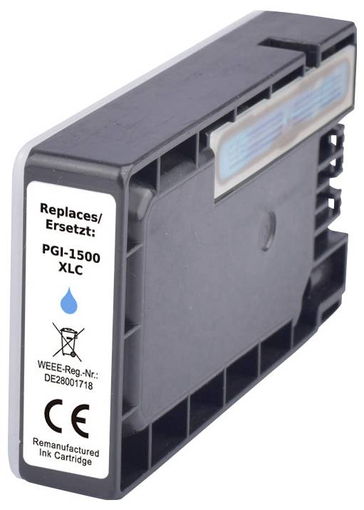 Ink cartridge labeled 'Replaces PGI-1500 XLC', remanufactured, certified with CE and WEEE-Reg. 