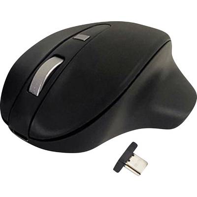 Black wireless computer mouse with ergonomic design, next to a small USB receiver.