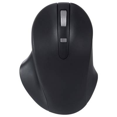 Black, ergonomically shaped computer mouse with scroll wheel, viewed from above. Ideal for comfortable, extended use at a desk.