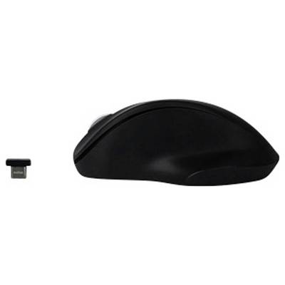 A wireless, black computer mouse with an ergonomic design, alongside a USB receiver for wireless connection.