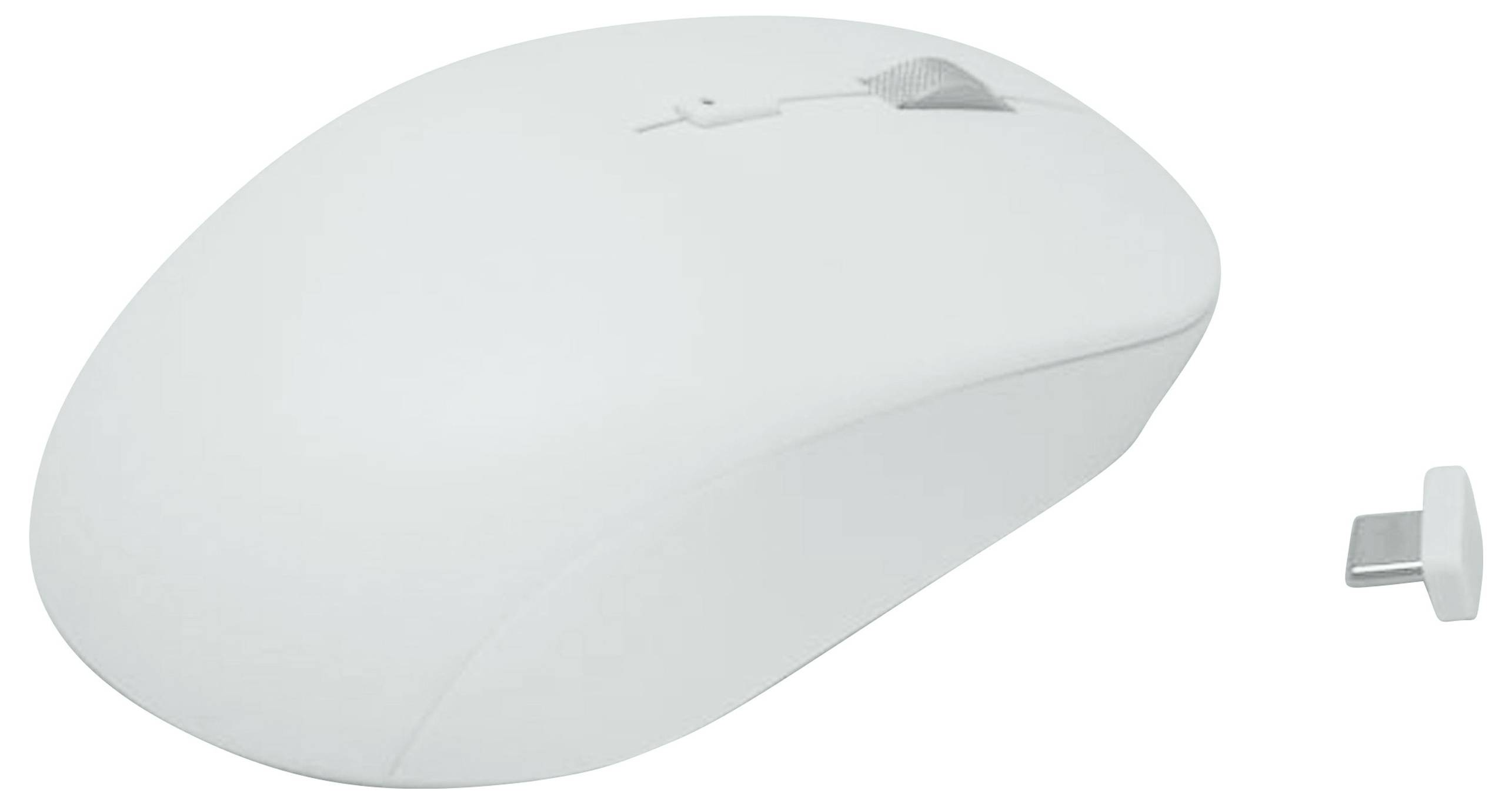 White wireless computer mouse with USB receiver beside it, placed on a white surface.