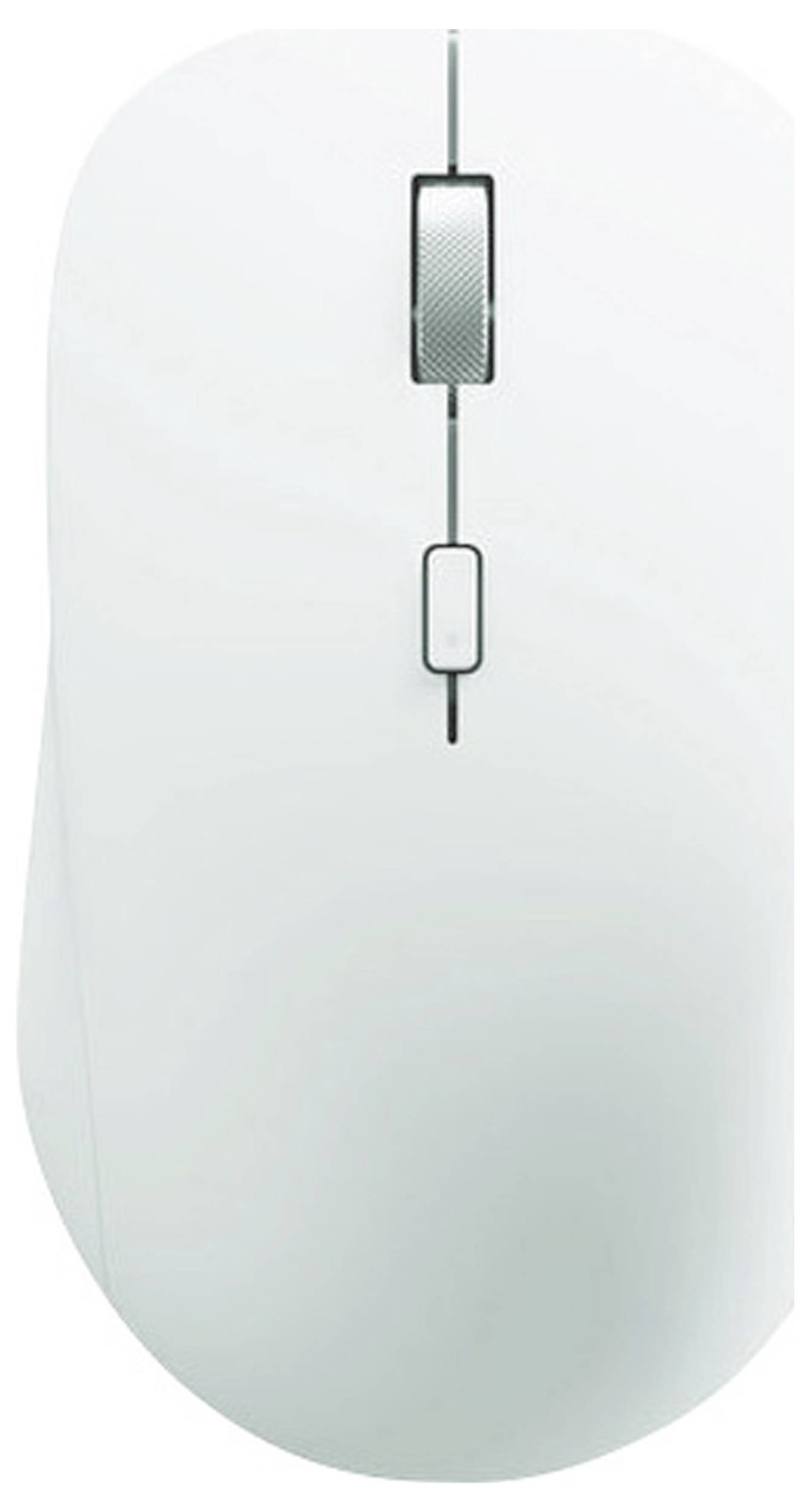 A white computer mouse with a scroll wheel and additional button, viewed from above.