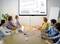 Six people are sitting in a meeting room looking at a screen displaying business graphics and diagrams.