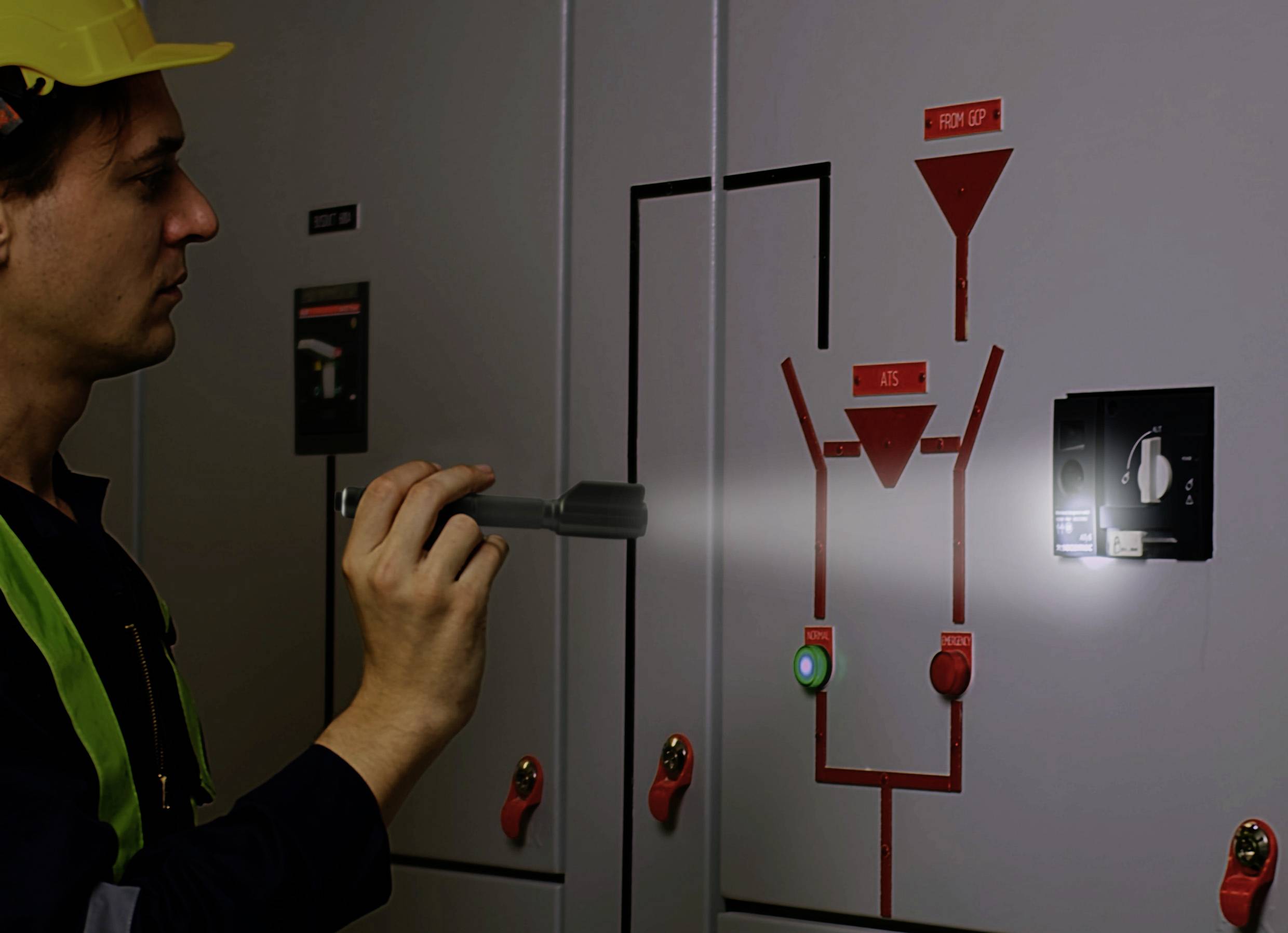 A person wearing a hard hat is inspecting a control panel with switches and indicator lights in a technical room.