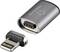 'Small silver adapter with USB-C to Lightning connection. Enables connections between devices with different interfaces.'
