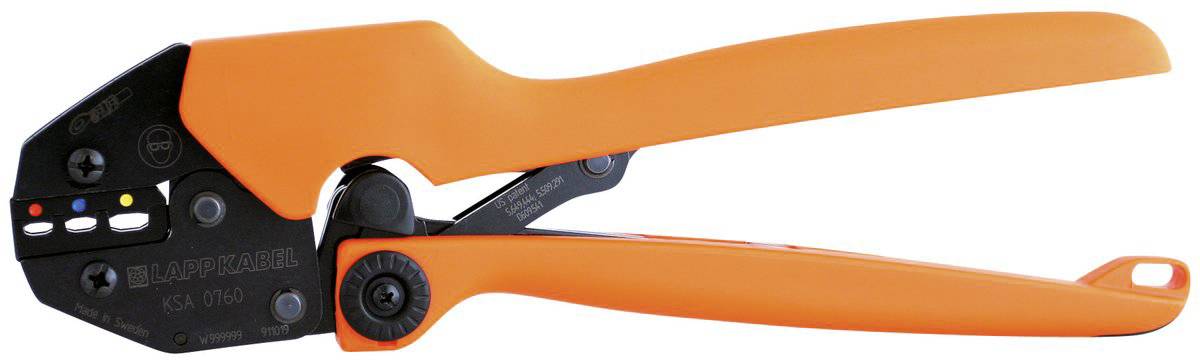 An orange crimping pliers with a black head, used for connecting electrical cables by mechanical pressing.
